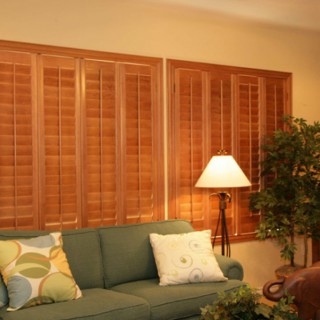 Classic wood shutters in a living room.